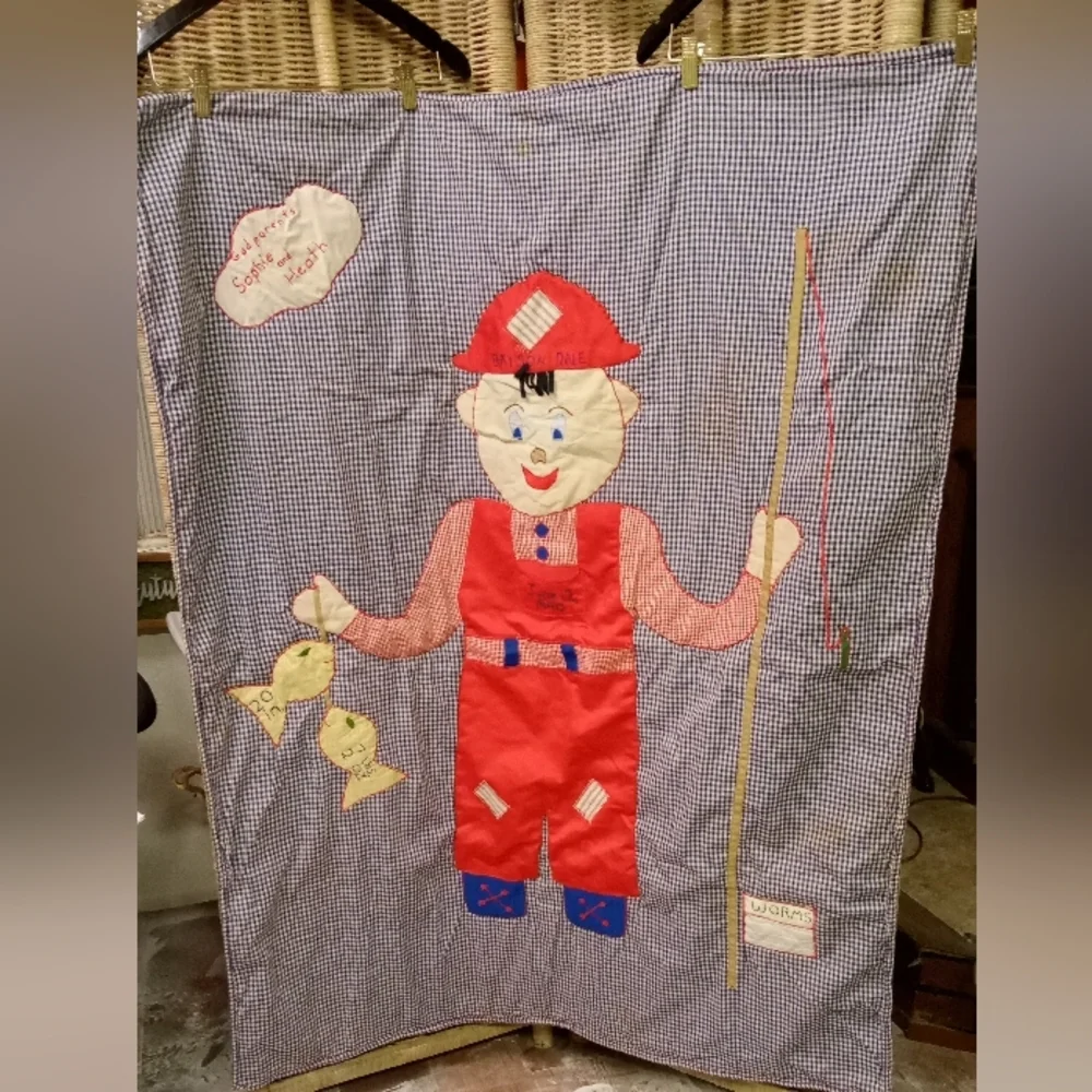 VINTAGE Handcrafted Quilt Child Boy Fishing, Blue, Red & White Checkered 53x44